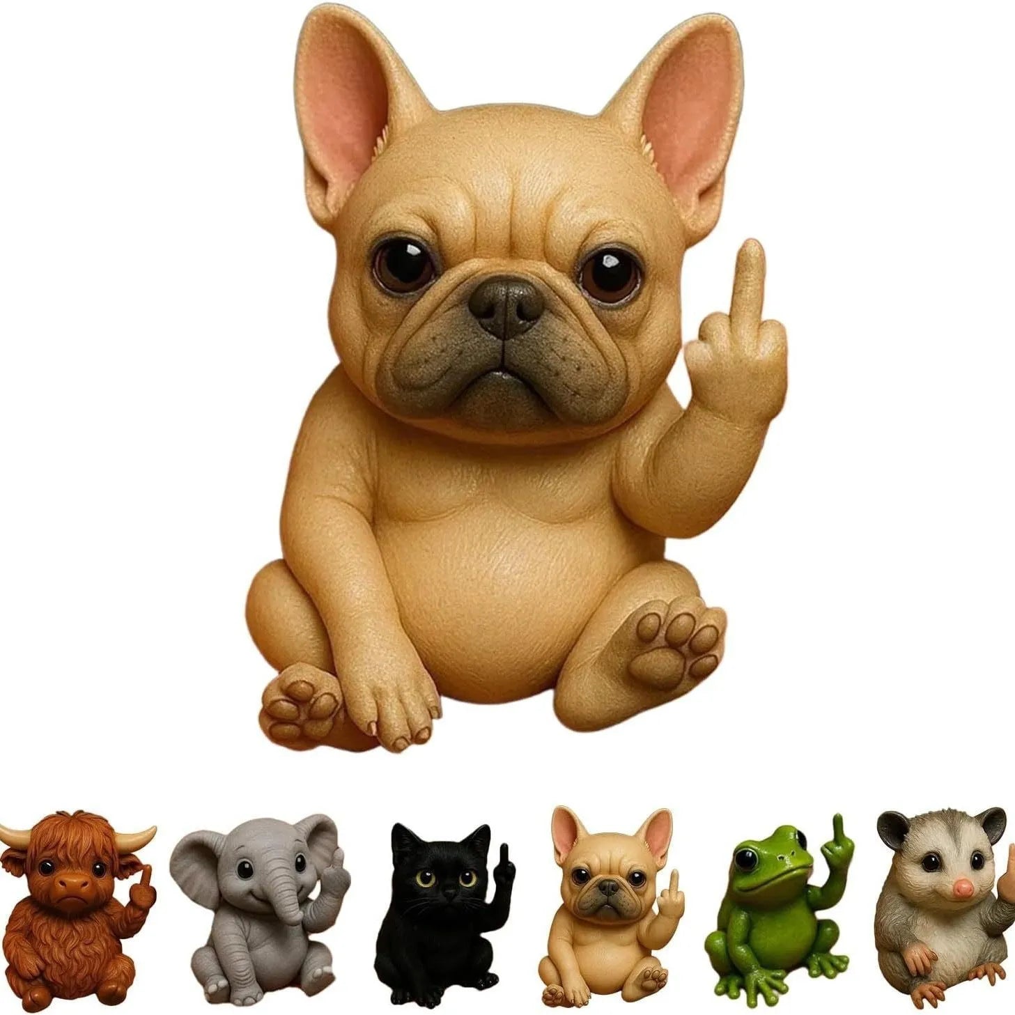 Mini resin animal doll with middle finger gesture, 6-7cm tall, in cat, dog, elephant, frog, Highland cattle, mouse, or turtle design
