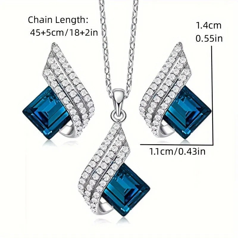 Women's alloy pendant and glass necklace with matching electroplated ear studs in cross chain style.