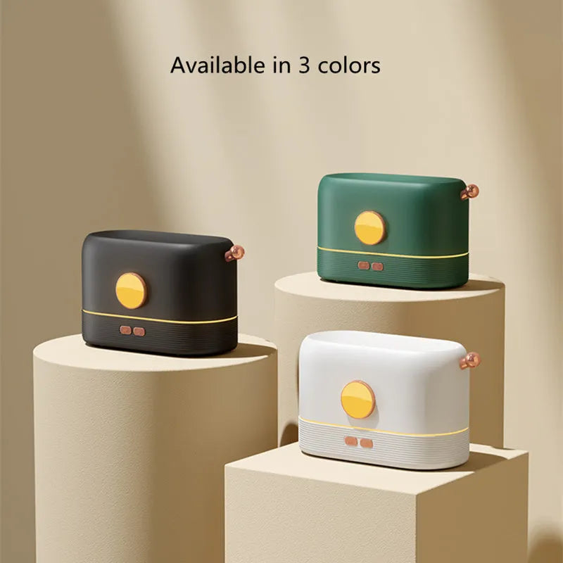 Simulation flame USB humidifier home desktop fragrance diffuser with 200ml water tank capacity, 15-20ml spray volume, and ABS+PP construction available in multiple colour sets including black, white, and green with USB power connection
