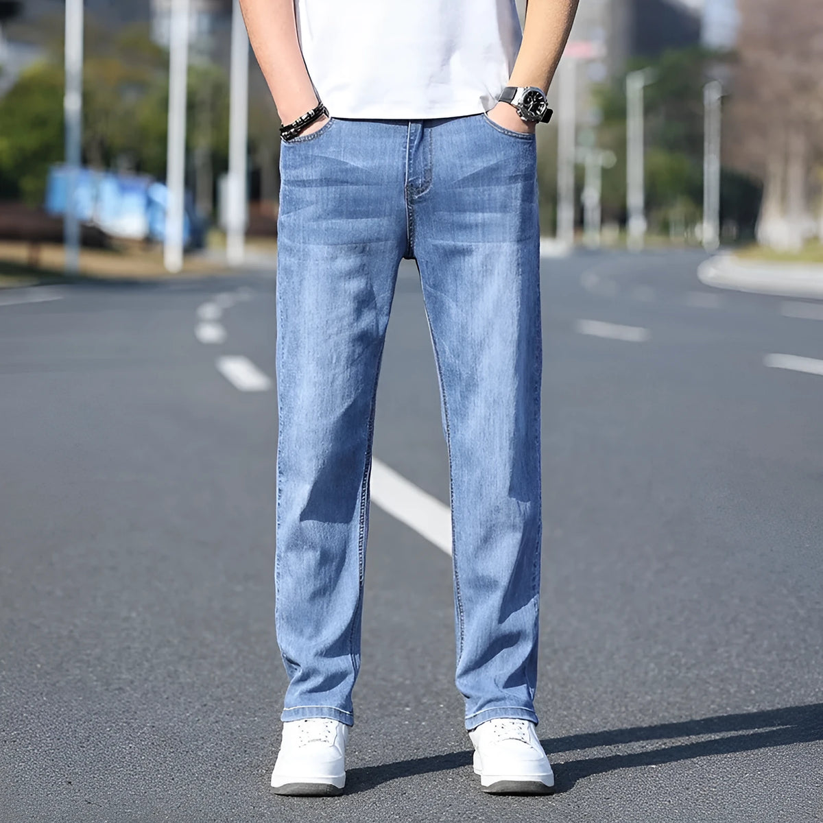 Men's tapered trousers in stretch cotton denim fabric for business casual wear