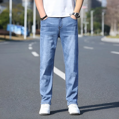 Men's tapered trousers in stretch cotton denim fabric for business casual wear