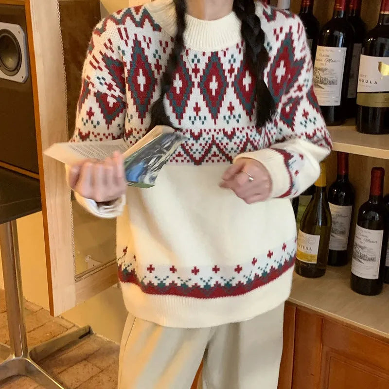 Striped long-sleeve pullover top in red or white, loose retro idle style, free size fit