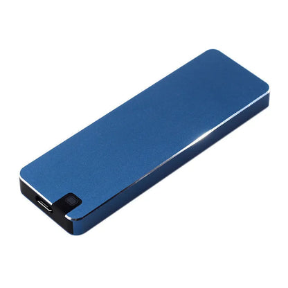 Compact metal-shell mobile hard disk with USB 3.1 connector, shown alongside a USB cable and protective cover.