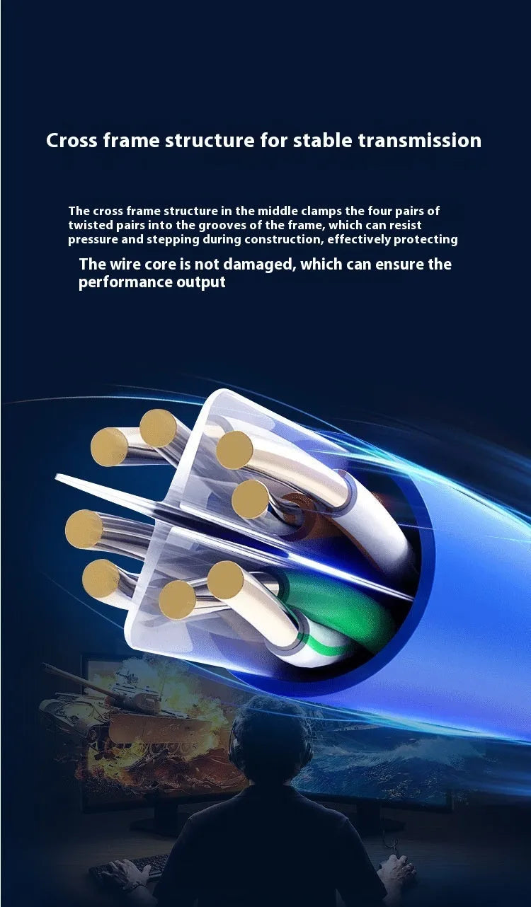 A reel of blue Category 6 network cable with oxygen-free copper core, showing the 305m length label.