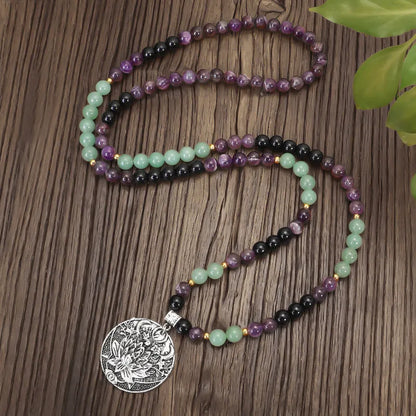 Long yoga necklace with geometric lotus pendant and stone beads, matching bracelet, adjustable 51-80cm chain