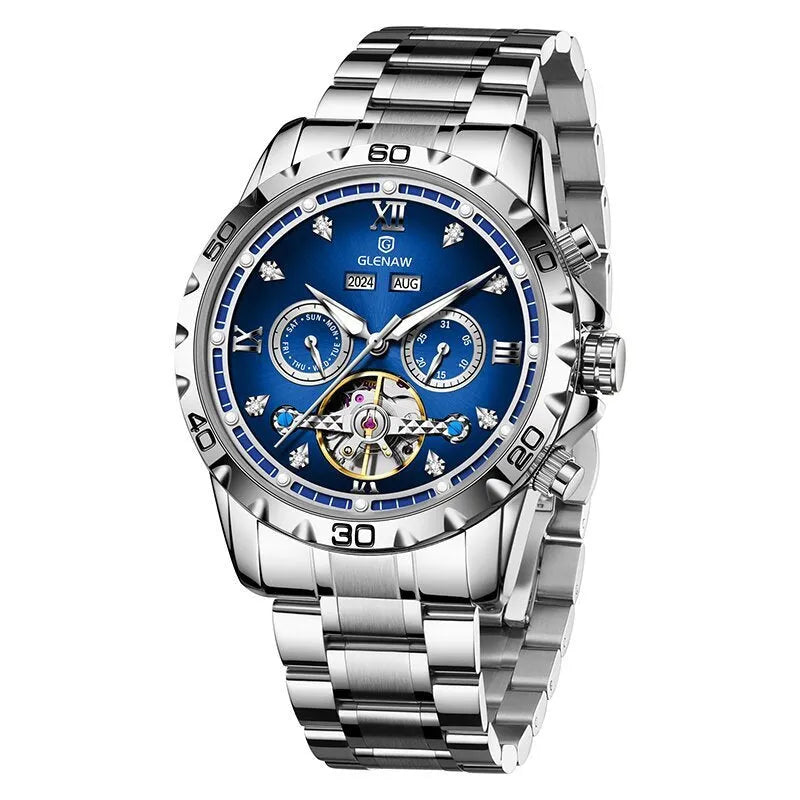 Men's automatic mechanical watch with stainless steel strap and mineral glass face in business style