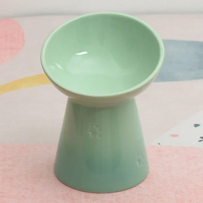 White ceramic pet bowl with high foot neck protector showing 15cm diameter and 8cm height measurement