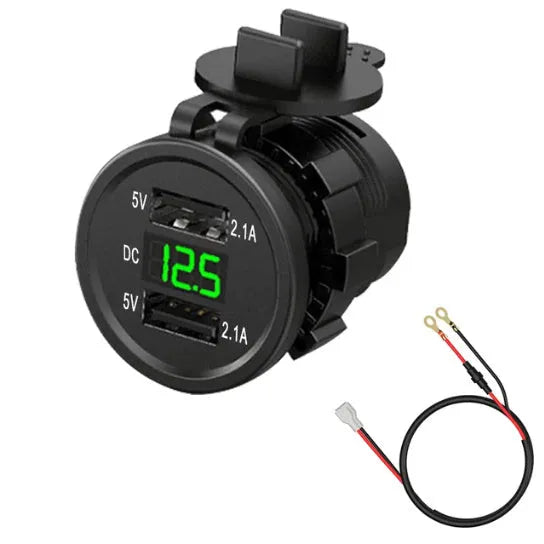 Motorcycle waterproof car charger with USB fast charging port and LED indicator lights
