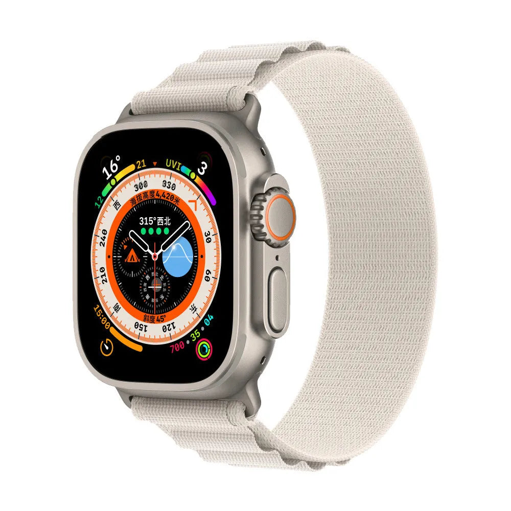 Alpine nylon watch band with metal head grain in 38/40/41mm and 42/44/45/49mm, Starlight, Black, Green, Orange and Grey options