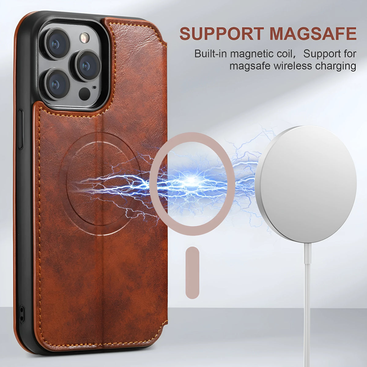 Magnetic leather iPhone case with bracket and card slot, PU TPU, Black Blue Brown Khaki, for iPhone 12 to 15 Pro Max