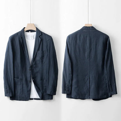 Men's loose fit linen suit jacket in solid colours showing long sleeves and casual styling