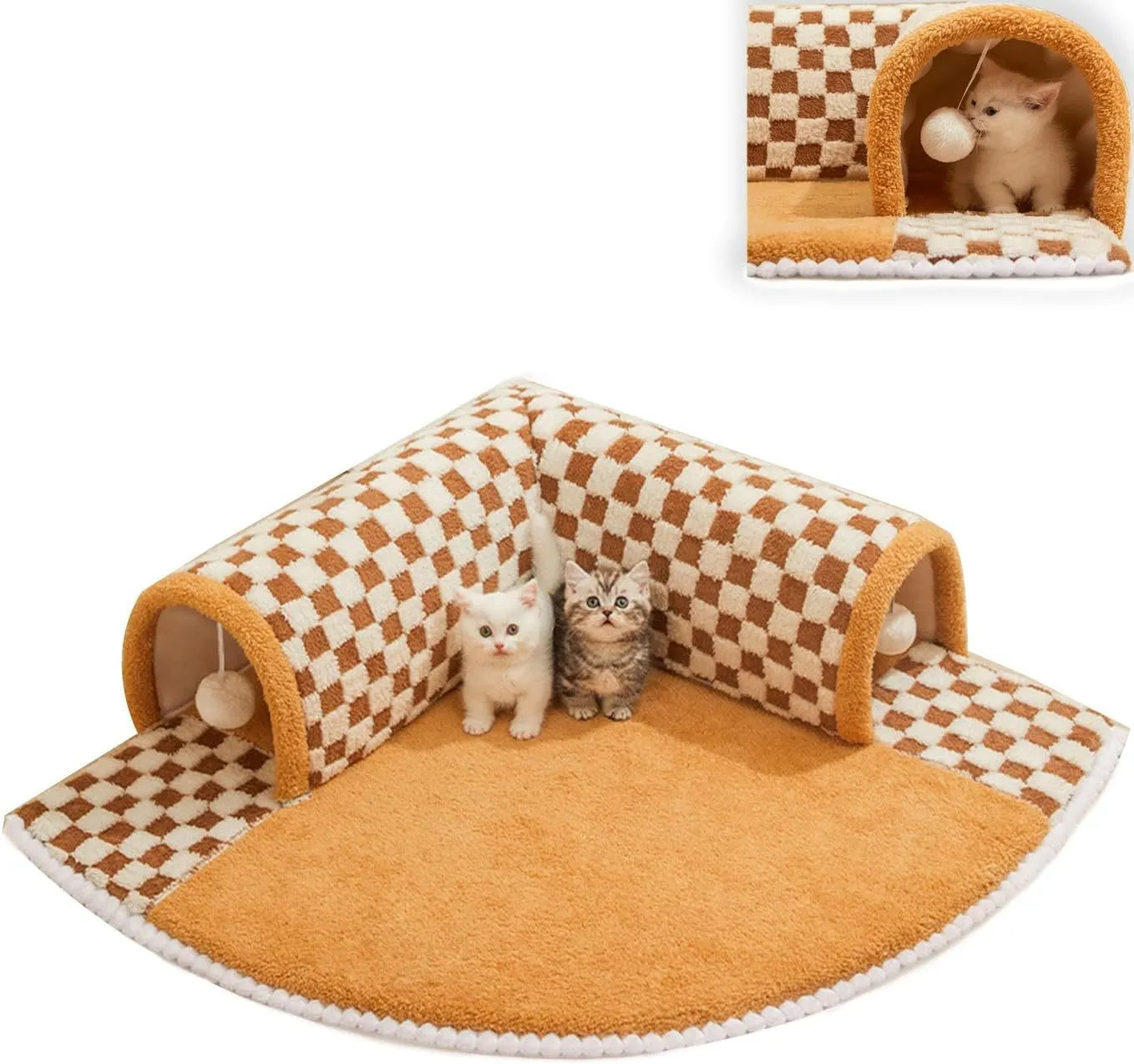 Plush plaid cat tunnel bed with central mat showing brown colour and collapsible tunnel design