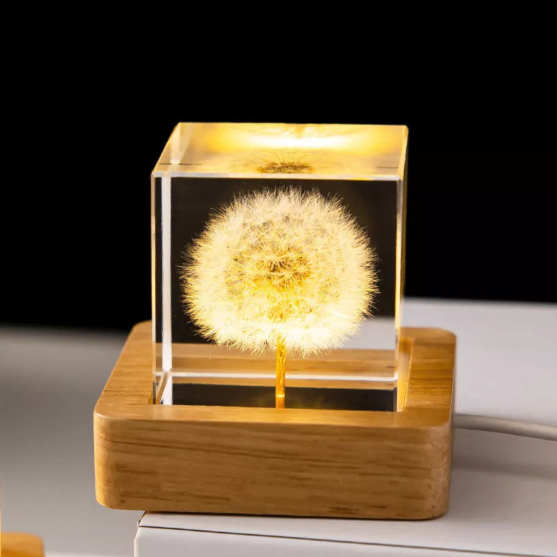 LED Dandelion Crystal Ball Night Light with oak base emitting soft glow