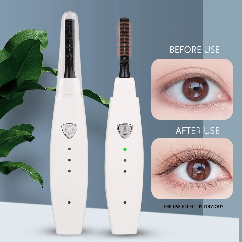 USB rechargeable electric heated eyelash curler in white, pink, black, and blue options