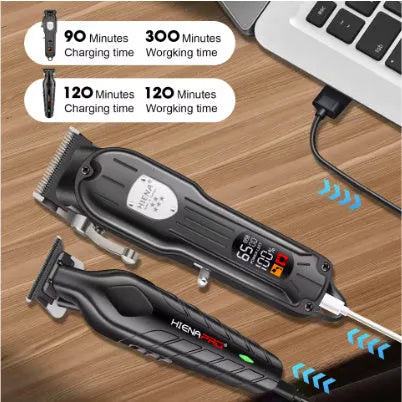 Black plastic USB rechargeable hair clipper set with LED display and adjustable blades.