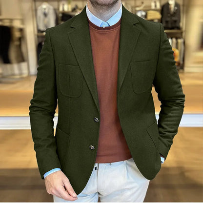 Men's loose retro cotton suit in army green, showing solid colour and casual design with sizing from S to XXXL