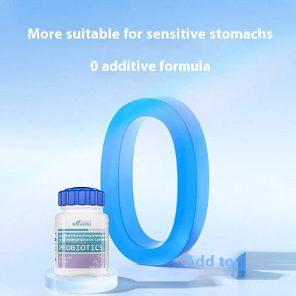 Bottle containing 180 chewable probiotic tablets for pet digestive health, each tablet measuring 1.5cm