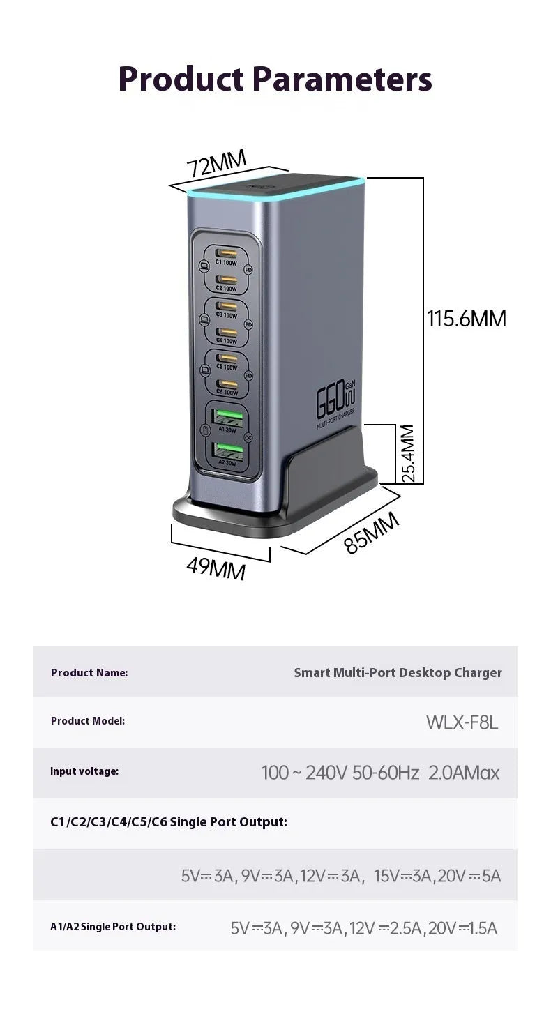 Gallium Nitride 660W desktop charger with four TYPE-C ports showing UK plug configuration and compact 10.5cm dimensions