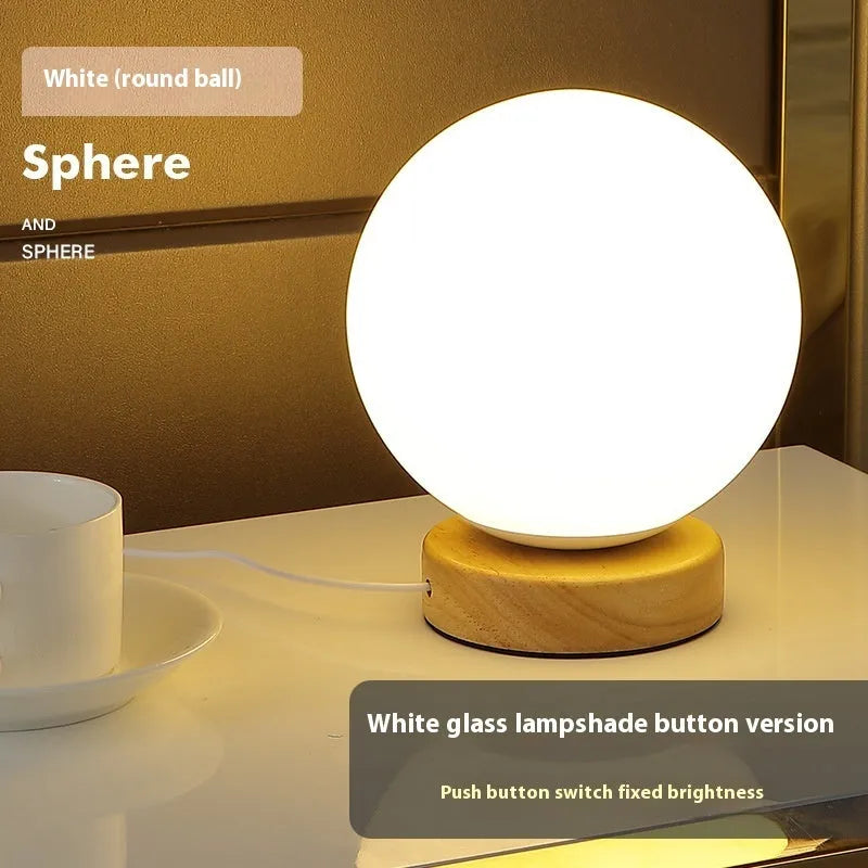 Nordic solid wood USB table lamp with touch dimming, 150x180mm size, and white light shapes on a bedside table
