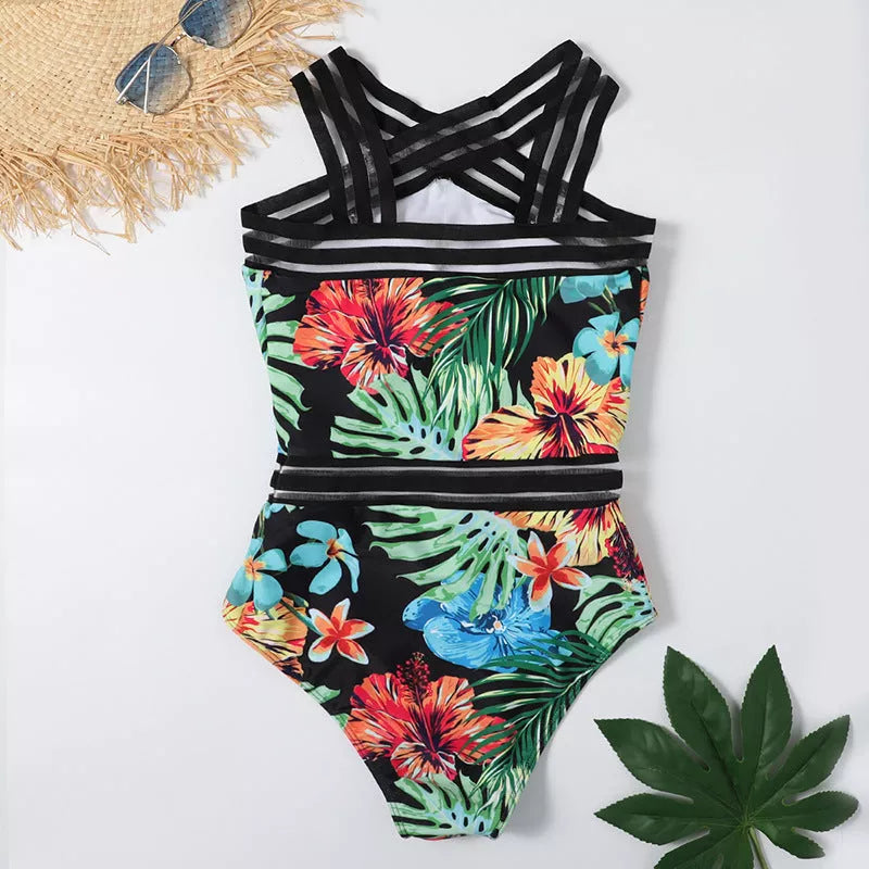 Women's one-piece printed bikini in black, white, and red flower patterns, waterproof and lightweight.