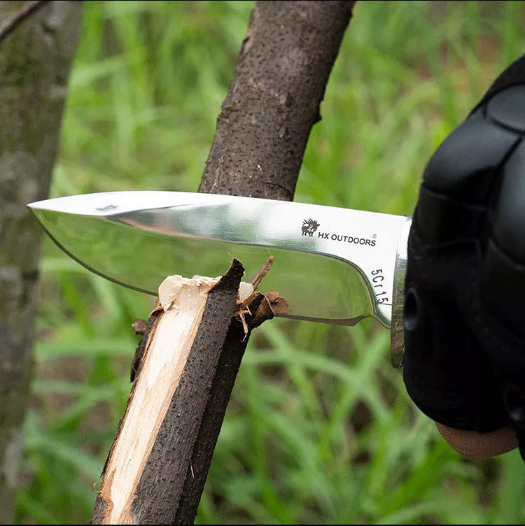 Outdoor survival knife with leather holster and mirror polished blade