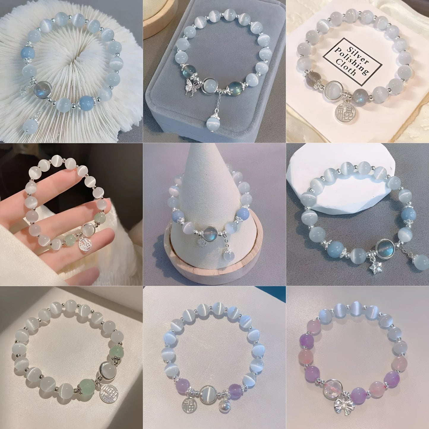 Handmade glass butterfly bracelet with drop-shaped beads in moonlight grey colour variation