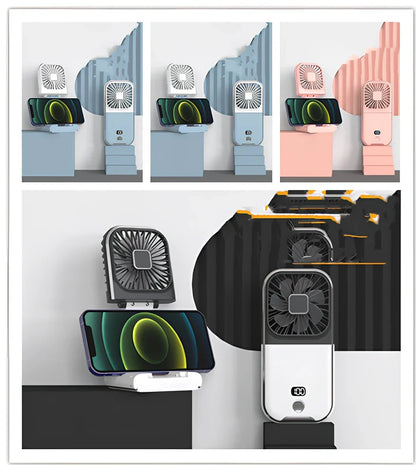 F30Pro folding portable handheld fan in white with digital display, 169x81x20mm size, USB charging, plastic blades for cooling