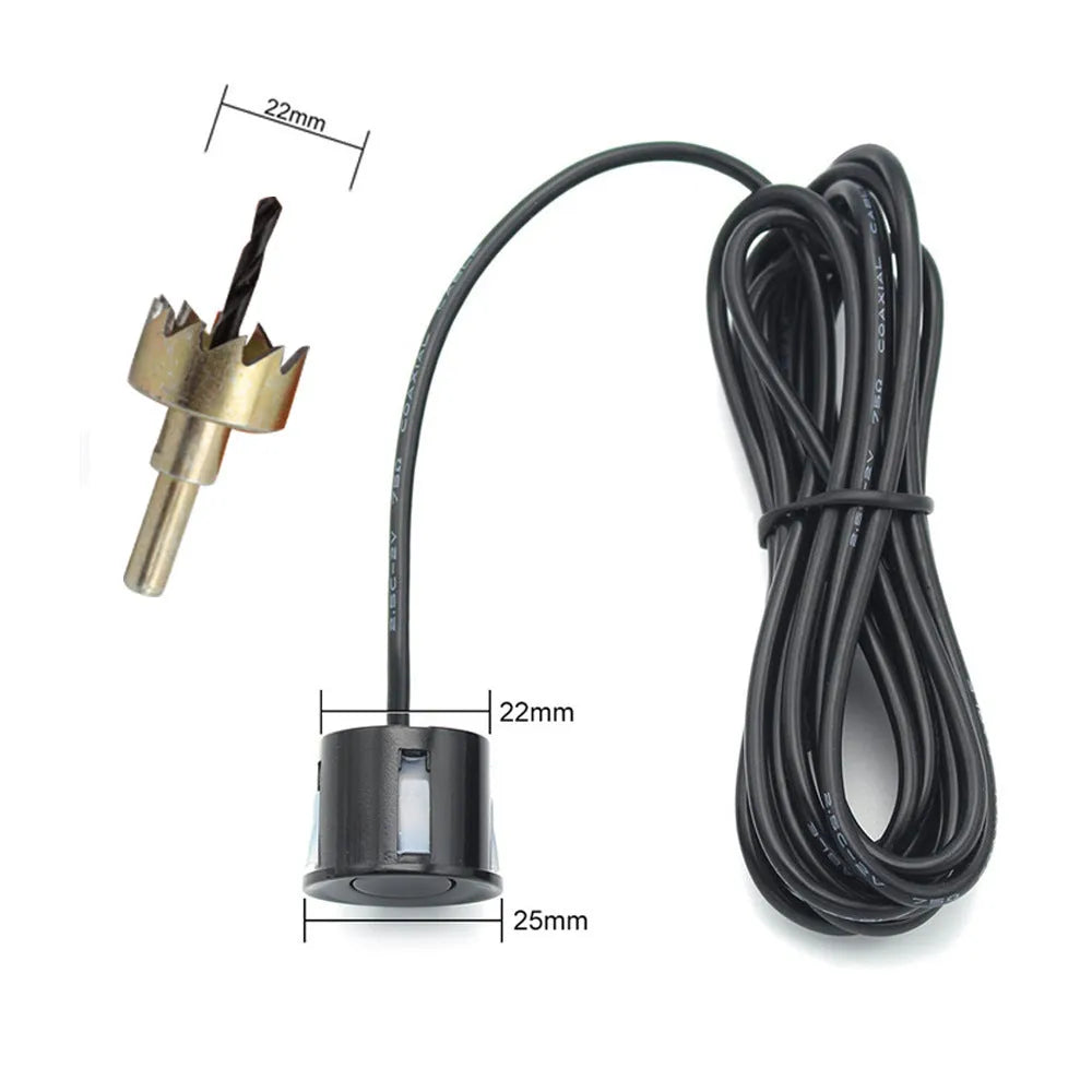 Black wireless vehicle reversing sensor system with LED display unit and four round probes.