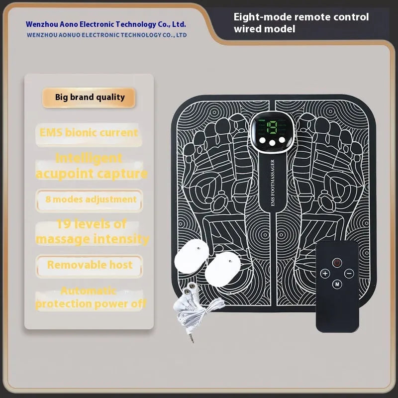 Blue rechargeable foot massager mat with reflexology nodes and remote control on wooden floor