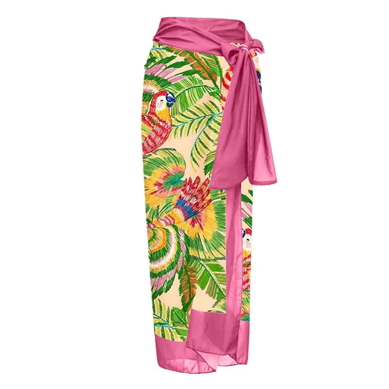 Pink floral print women's retro swimsuit with V-neck and attached thin skirt cover