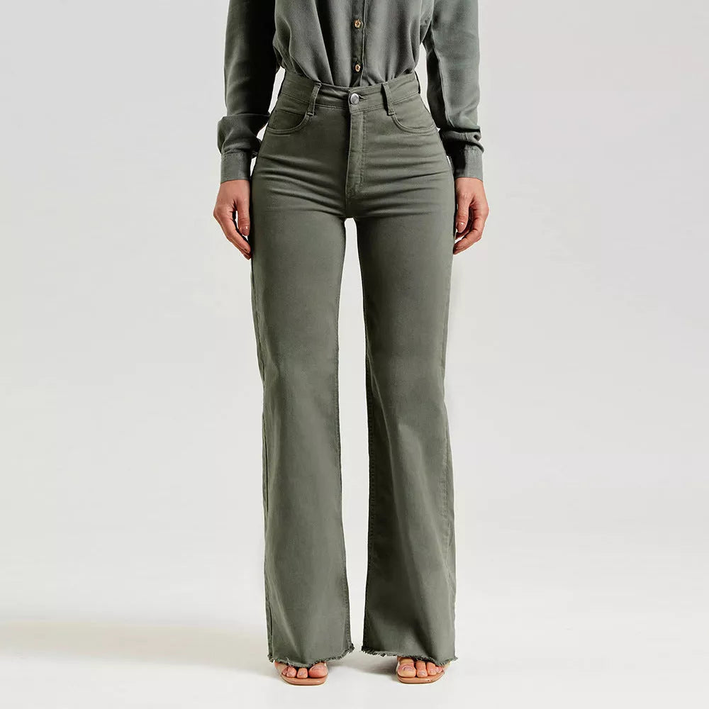 Slim fit stretch denim flared pants in olive green with micro flared design and zipper detail