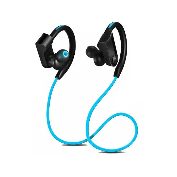 Wireless neckband Bluetooth earphones in black, blue, or red colour with USB charging cable.