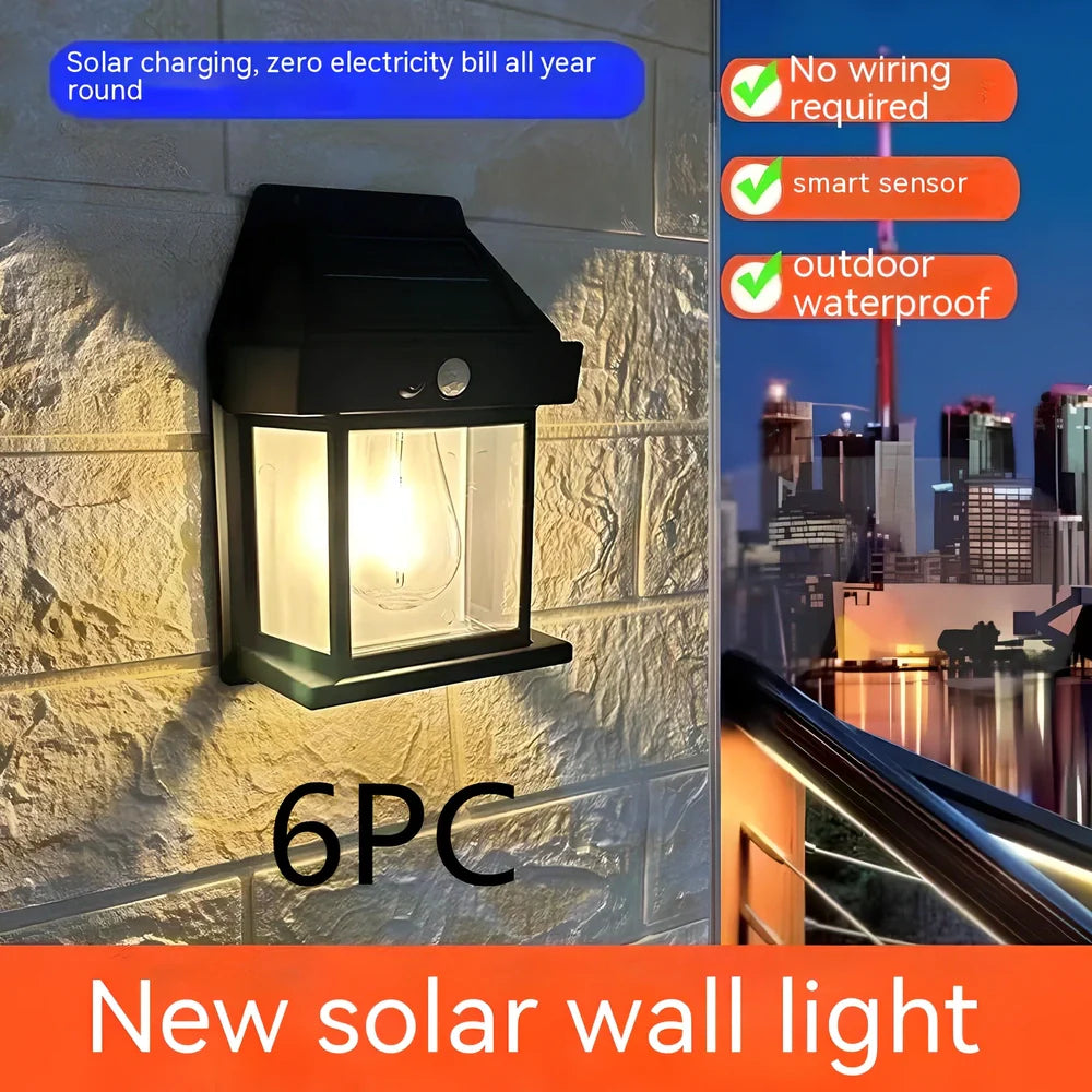 Black solar garden wall lamp with waterproof IP65 rating and automatic light sensor for outdoor installation