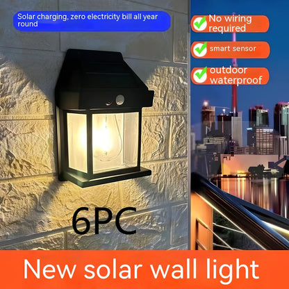 Black solar garden wall lamp with waterproof IP65 rating and automatic light sensor for outdoor installation