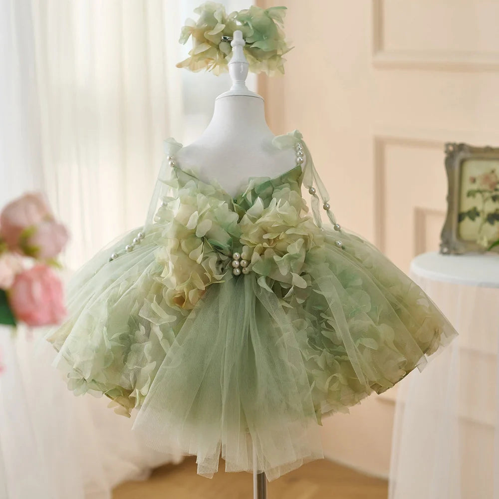 FARCENT girls' princess dress in green champagne colour with French entry lux pearl decorative details