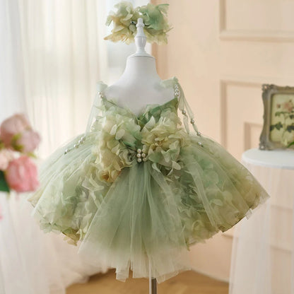 FARCENT girls' princess dress in green champagne colour with French entry lux pearl decorative details