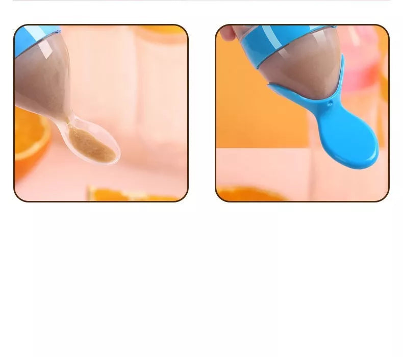 Silicone baby rice paste spoon feeding bottle with suction cup in blue, green, pink, yellow, and white