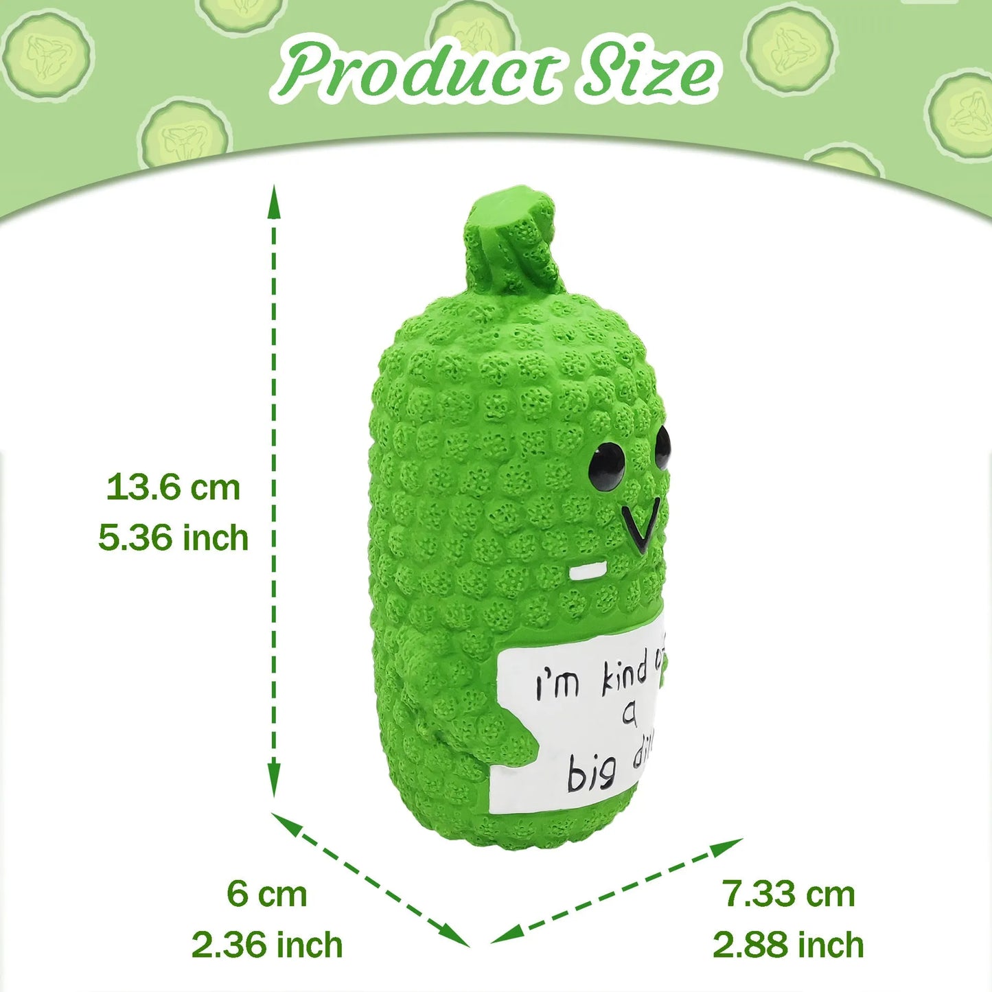 Green latex pickle-shaped squeaky dog chew toy for teething puppies and mild chewers.