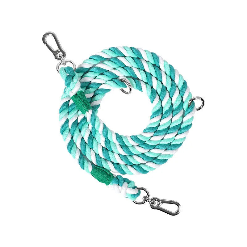Woven rainbow pattern dog leash with double grip handles and a metal clasp.