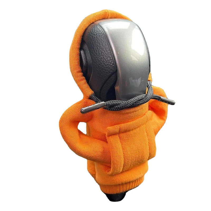 Gear shift knob hoodie cover for manual or automatic cars, cloth material sewing construction, 13x8cm universal fit handle cover, available in multiple colours including blue, orange, pink, red, black, and white