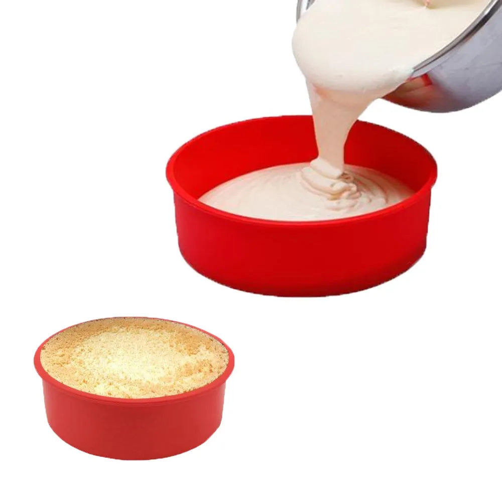 Red silicone round cake mould set showing 4-inch, 6-inch, and 8-inch sizes for baking