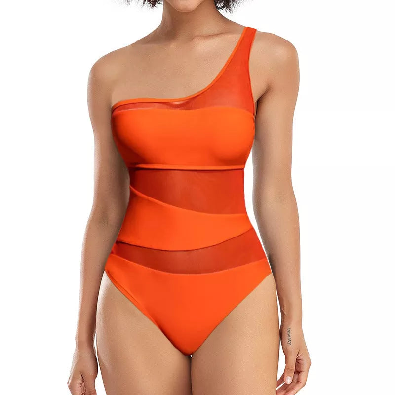 Women's orange polyester bikini with mesh detail, available in sizes S, M, L