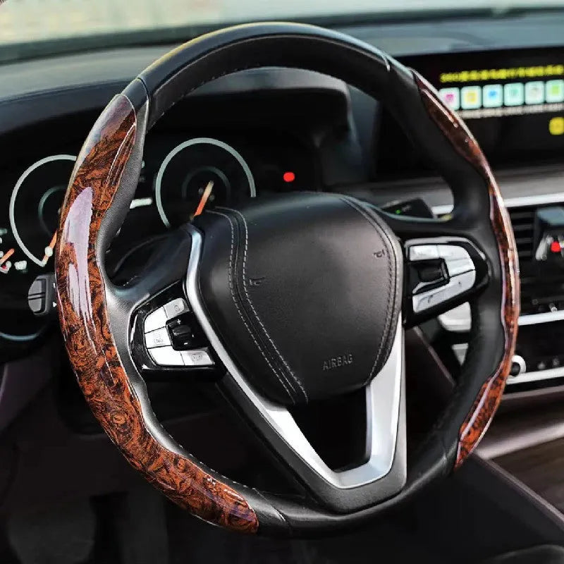 Peach wood grain steering wheel sleeve in crystal brown colour, fitted on a 38cm diameter wheel for sedans and off-road vehicles