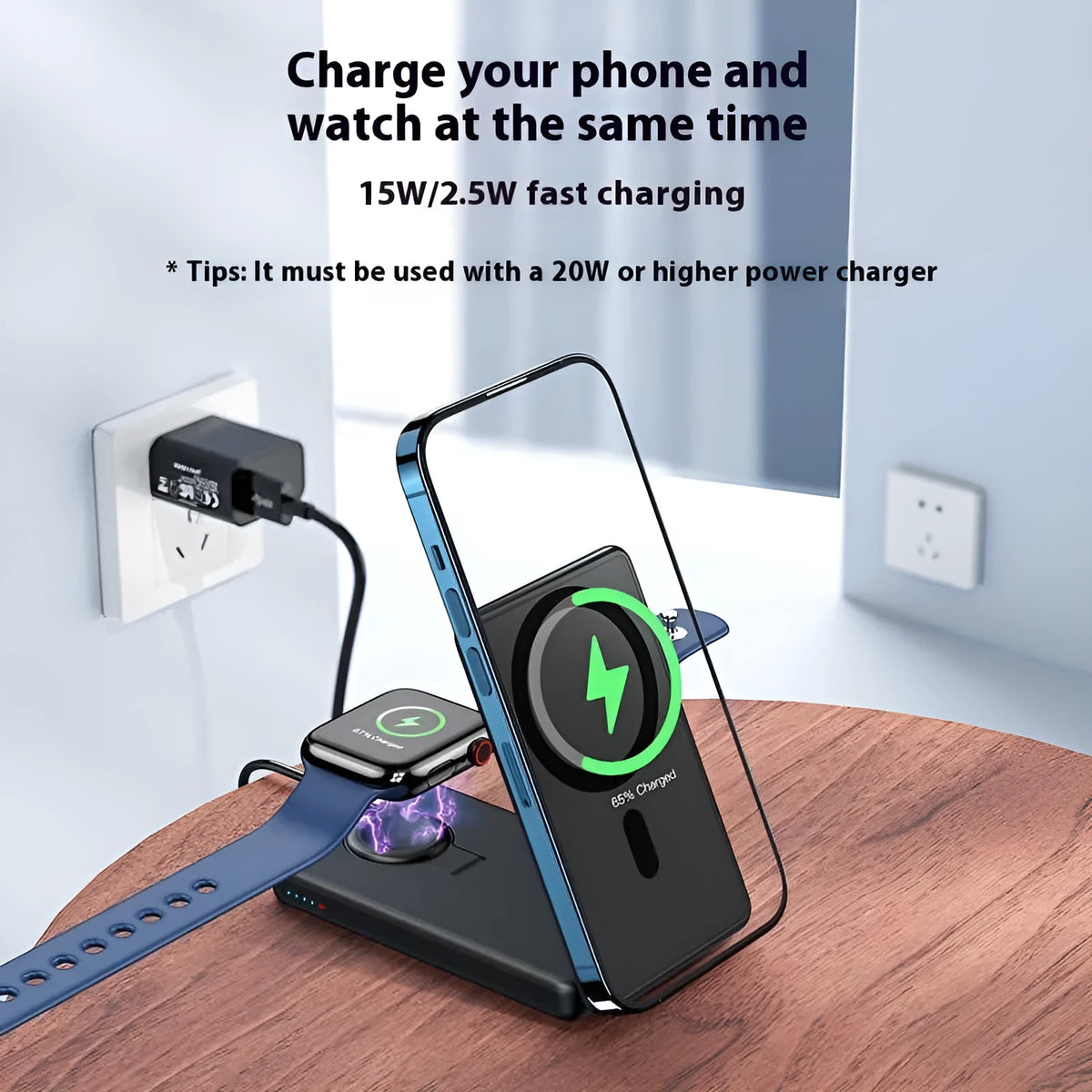 Ultra-thin black magnetic wireless power bank 5000mAh with built-in bracket and data cable, 113x70x18mm