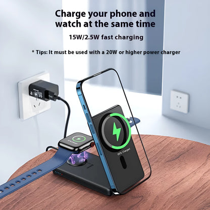 Ultra-thin black magnetic wireless power bank 5000mAh with built-in bracket and data cable, 113x70x18mm