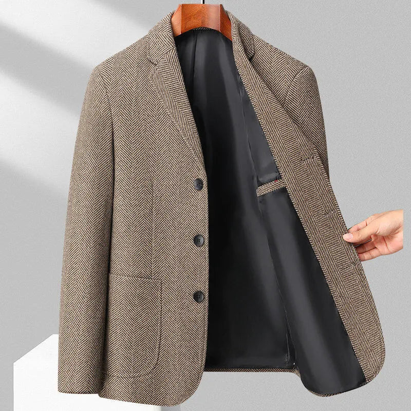Men's loose-fit woolen coat in black, khaki, gray, or dark blue, made from polyester fabric for spring and autumn wear