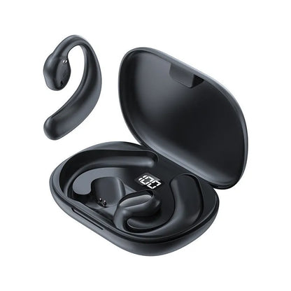 Black ear-mounted Bluetooth headset showing digital display screen and ear hook design