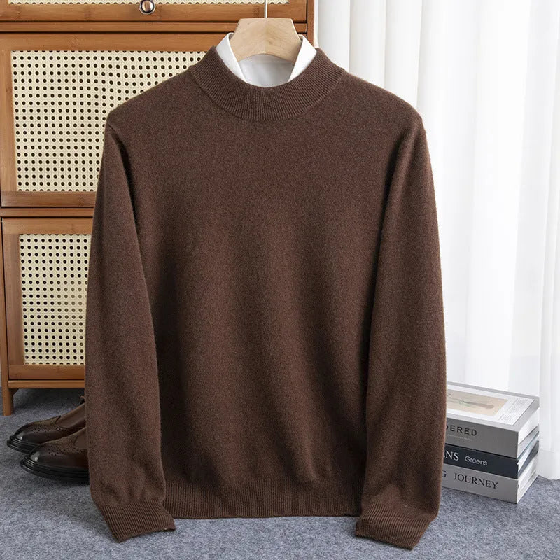 Men's half-collar wool sweater in loose fit with rough yarn texture, shown in winter business style