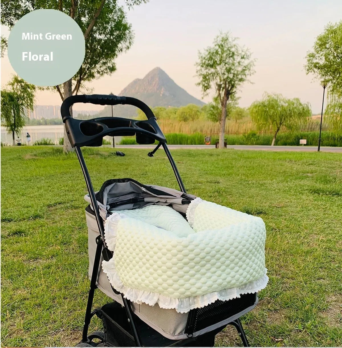 Pet stroller anti-dirty towel cushion pillow three-piece set in pure cotton, showing removable pads for cats and dogs