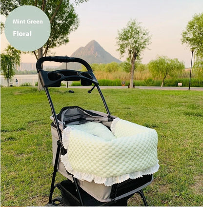 Pet stroller anti-dirty towel cushion pillow three-piece set in pure cotton, showing removable pads for cats and dogs